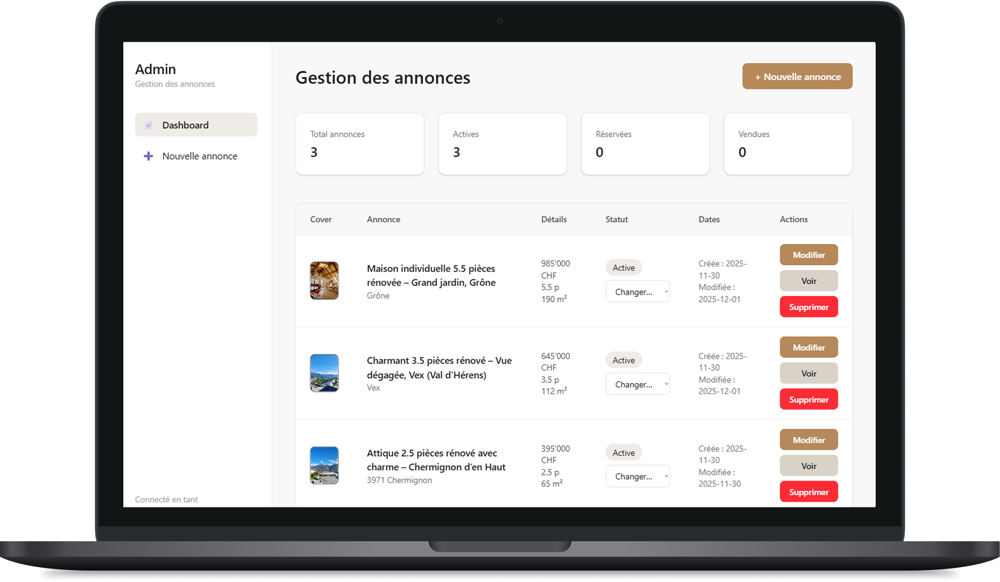 Dashboard d’administration – vue d’ensemble